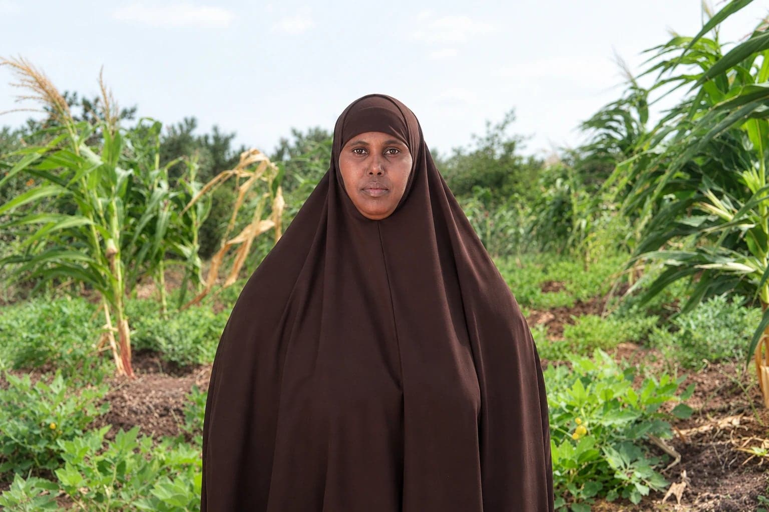 A woman farmer stands in her field of maize and groundnuts